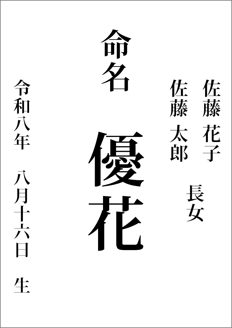 略式の命名書の書き方。中央に「命名」と名前、右に父母の名前と続柄、左に生年月日