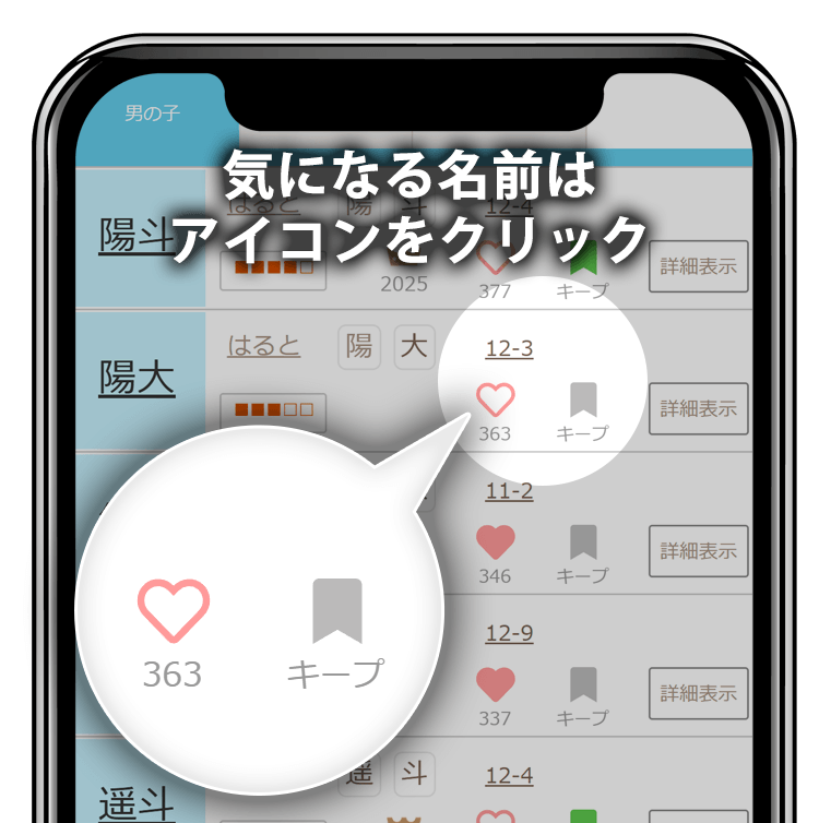 検索結果のキープ、いいね