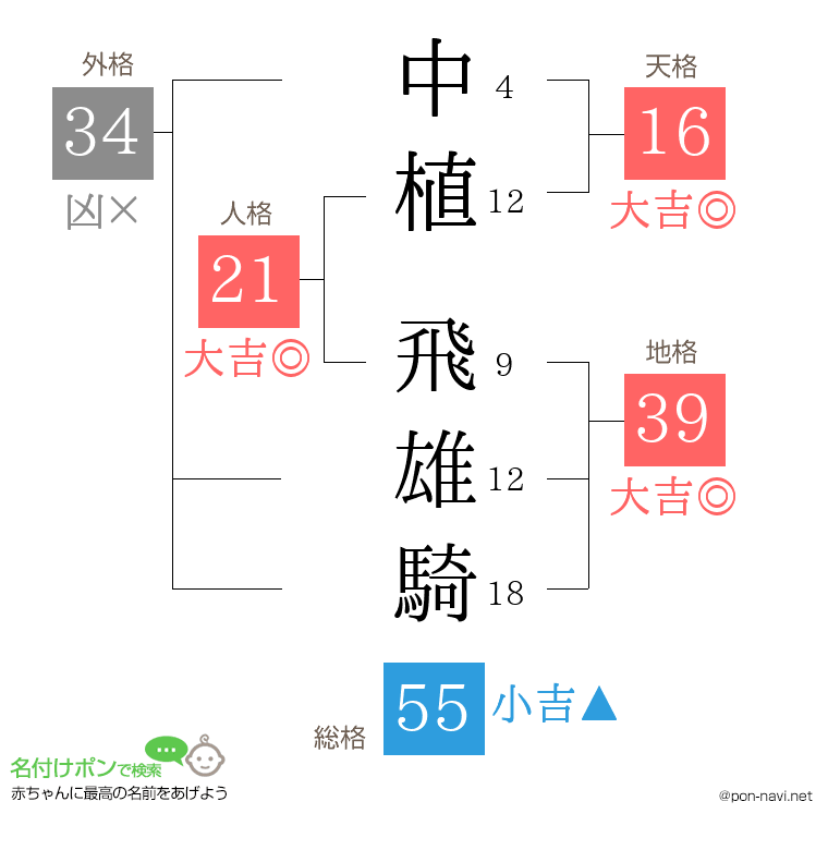 中植 飛雄騎さんの姓名判断結果