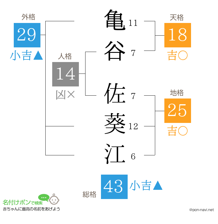 亀谷 佐葵江さんの姓名判断結果