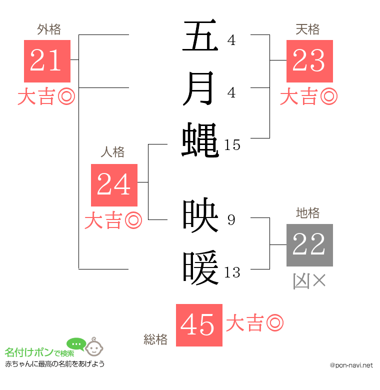 五月蝿 映暖さんの姓名判断結果