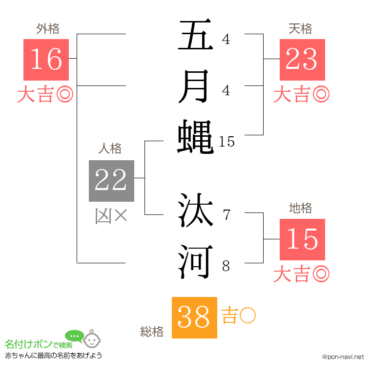 五月蝿 汰河さんの姓名判断結果