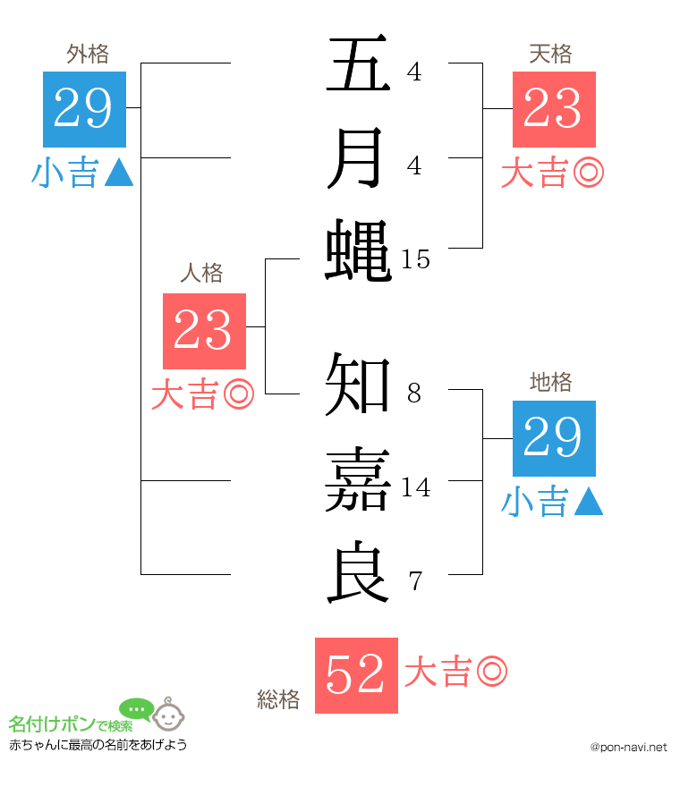 五月蝿 知嘉良さんの姓名判断結果
