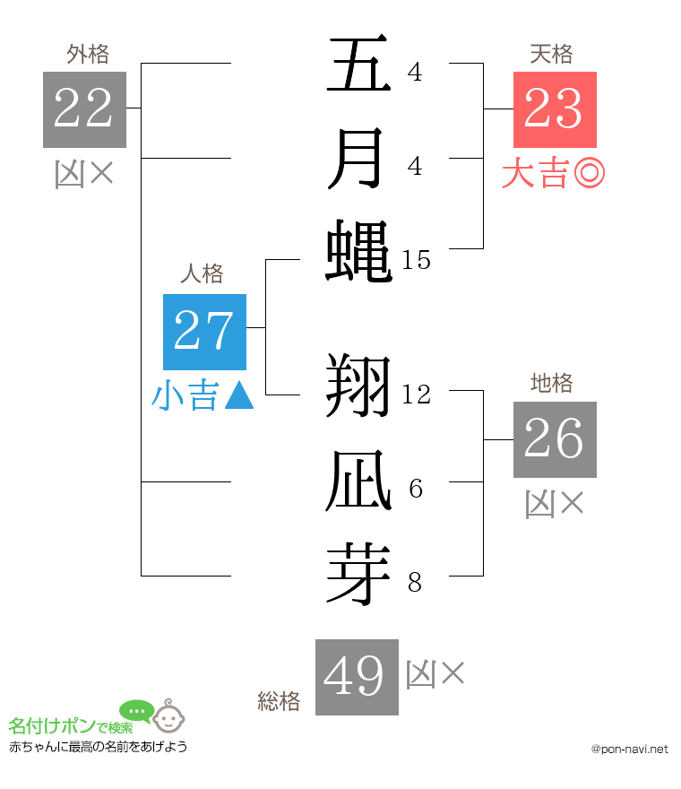 五月蝿 翔凪芽さんの姓名判断結果