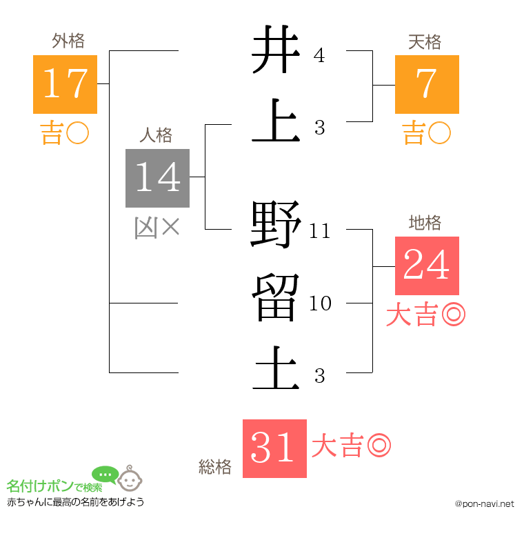 井上 野留土さんの姓名判断結果