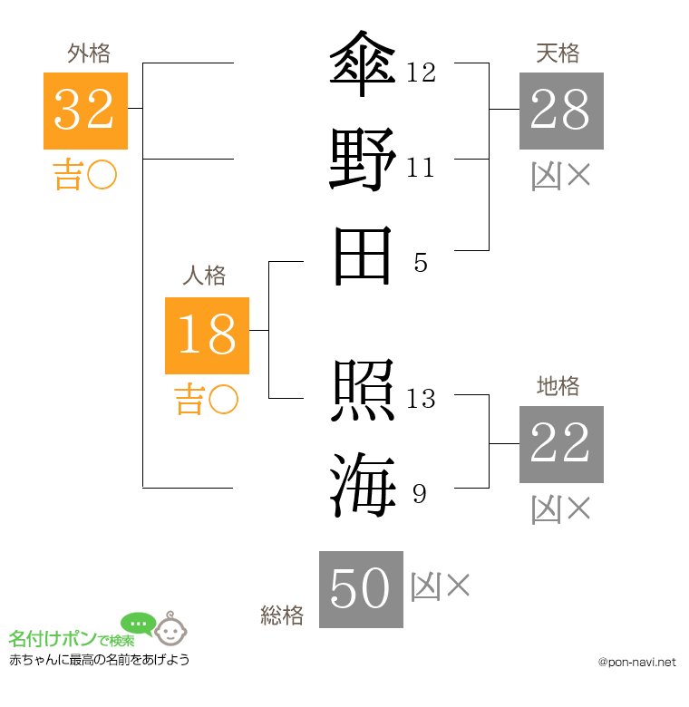 傘野田 照海さんの姓名判断結果