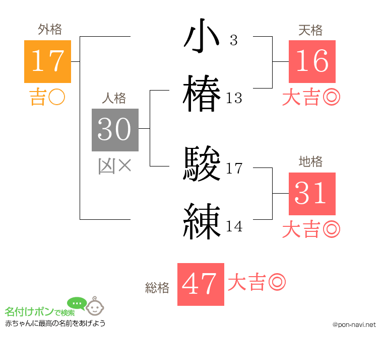 小椿 駿練さんの姓名判断結果