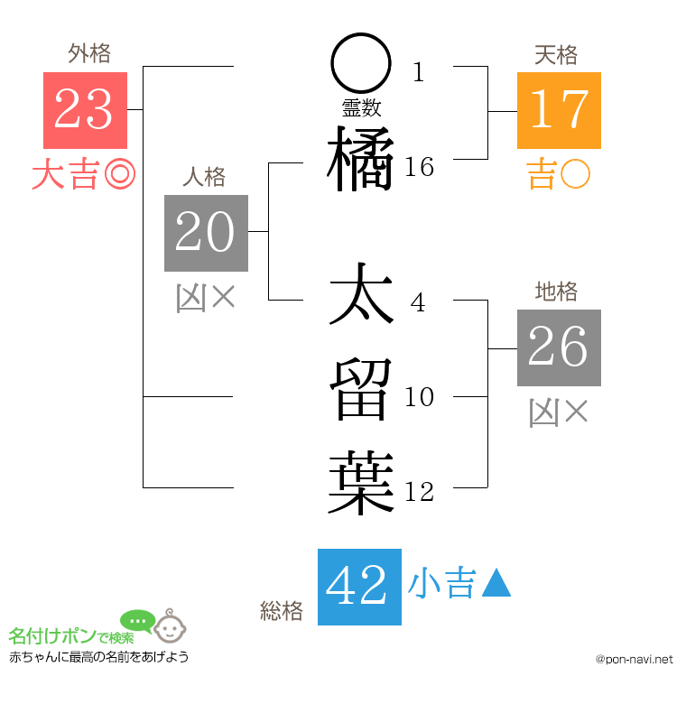 橘 太留葉さんの姓名判断結果