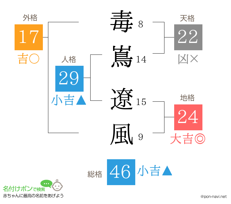 毒嶌 遼風さんの姓名判断結果