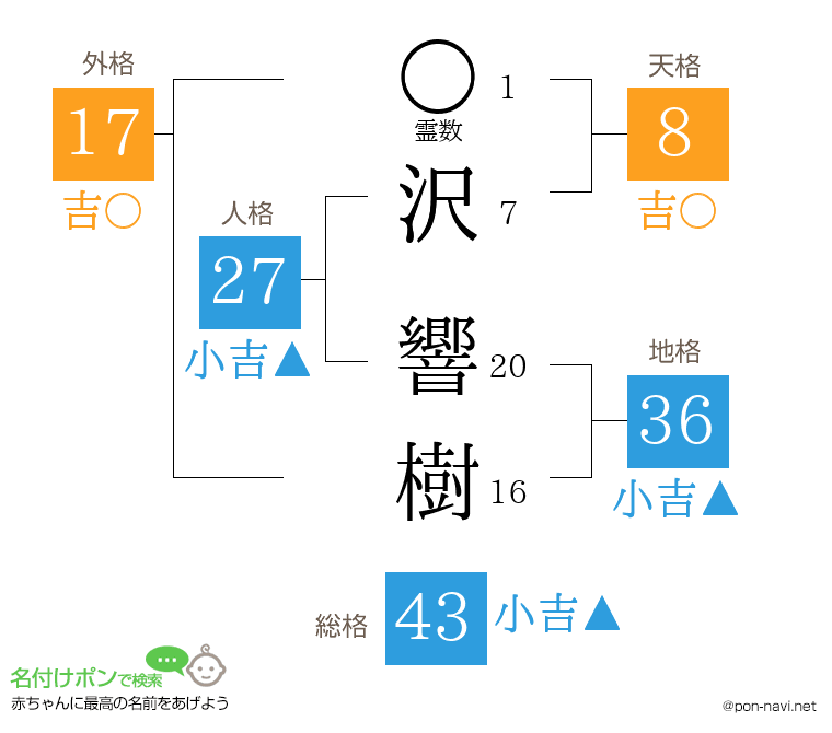 沢 響樹さんの姓名判断結果