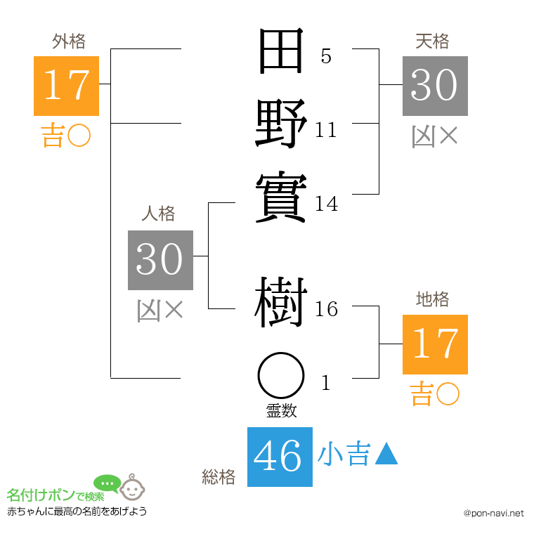 田野實 樹さんの姓名判断結果