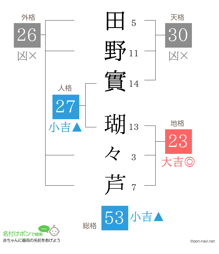 田野實 瑚々芦さんの姓名判断結果