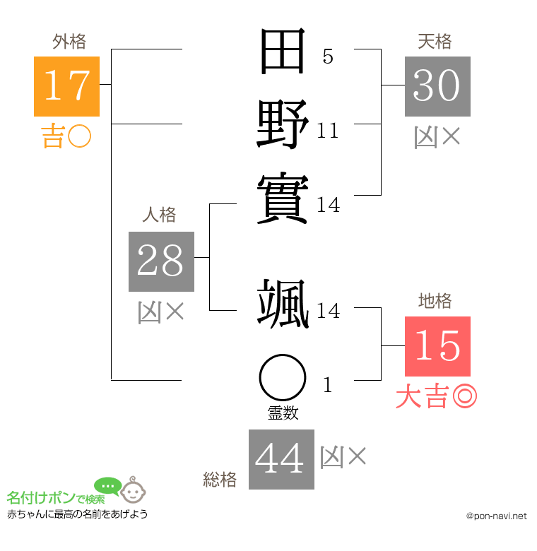 田野實 颯さんの姓名判断結果