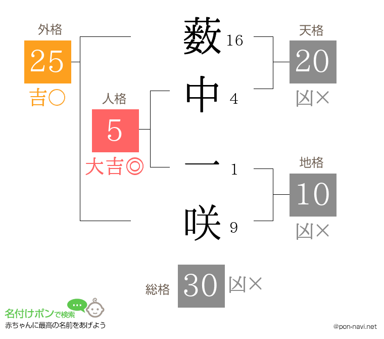 薮中 一咲さんの姓名判断結果
