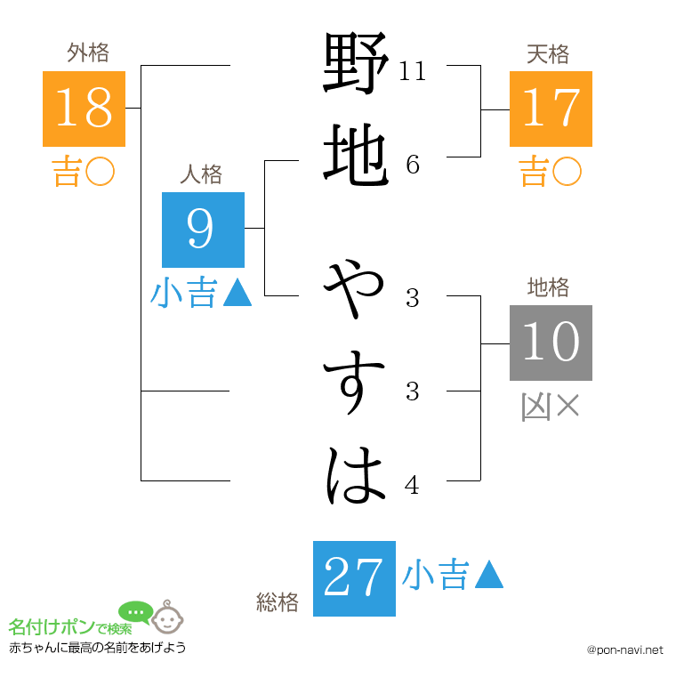 野地 やすはさんの姓名判断結果